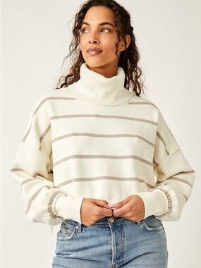 Free People Paulie Stripe Turtleneck LG NWT Neutral Boho Cropped Knit Sweater